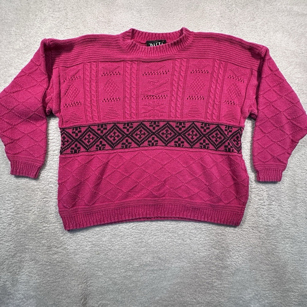 Vintage 90s‎ Pasta Sweater Women L Pink Ramie Cotton Knit Fair Isle Geometric